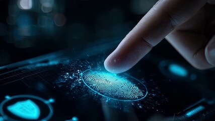 Biometric fingerprint security scan on futuristic digital interface for identity verification and cyber safety - Powered by Adobe