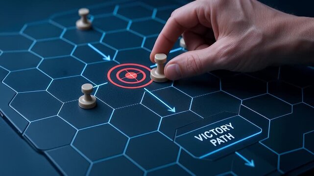 Strategic game board with hand moving pawn toward red target and illuminated victory path hex grid conveying planning, strategy, decision, progress, and focused determination strategic game piece