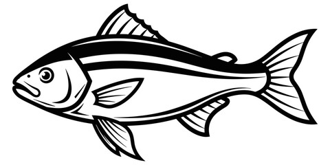 Stylized fish illustration, black and white line art with stripes and forked tail, bold aquatic animal drawing
