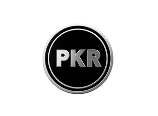 Metallic PKR coin symbol, representing Pakistani Rupee currency on black.