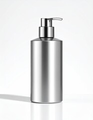 Obraz premium Sleek, metallic, cylindrical bottle. A chrome or silver-colored pump dispenser. Product presentation