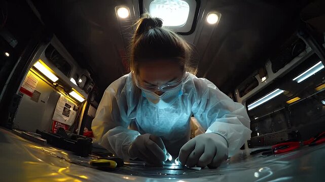 Focused Female Technician Working on Vehicle Wrap Wiring
