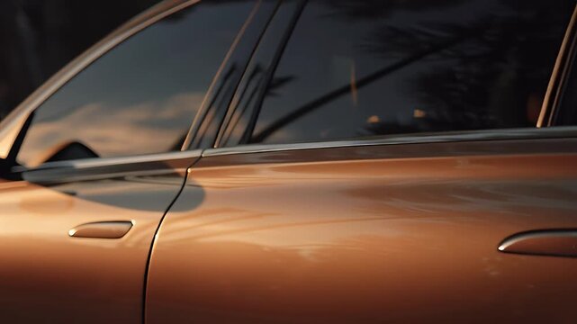 Modern vehicle wrap car glistening in golden light. 4K Video