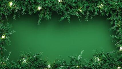 3D Christmas background with pine branches and glowing lights forming a festive green frame. Holiday illustration for winter banners, greeting cards and seasonal designs.
