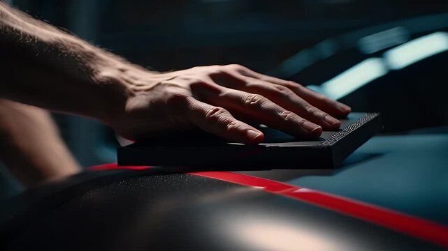 Professional applying black vehicle wrap with a squeegee tool