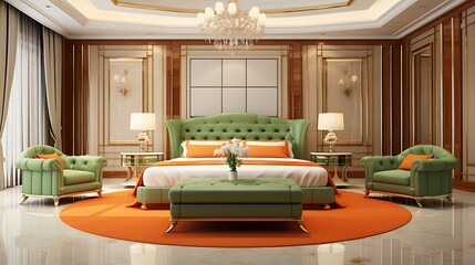 Full-frame image of elegant suite, orange velvet bed with thin black legs, rich green lacquered wall, oversized stone tile floor, and white modular sofas near window 