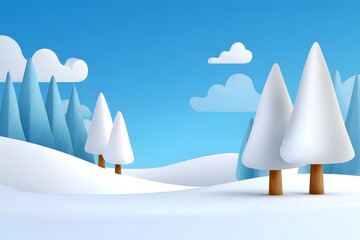 Cute winter landscape with snowy hills and pine trees