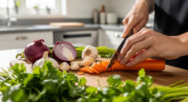 Person slicing carrots on a wooden cutting board with other vegetables.