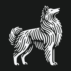 Fototapeta premium Elegant white line art illustration of a standing Collie dog on a black background.