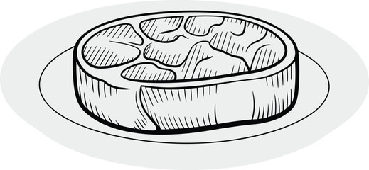 Black and white steak illustration on plate, detailed meat drawing with marbling texture, culinary food sketch, nutrition education artwork, cooking design