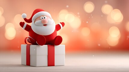 Cute cartoon Santa sitting happily on a gift box wrapped with a red ribbon