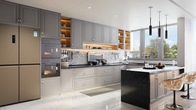 Modern luxury kitchen with grey cabinets and gold refrigerator interior.
