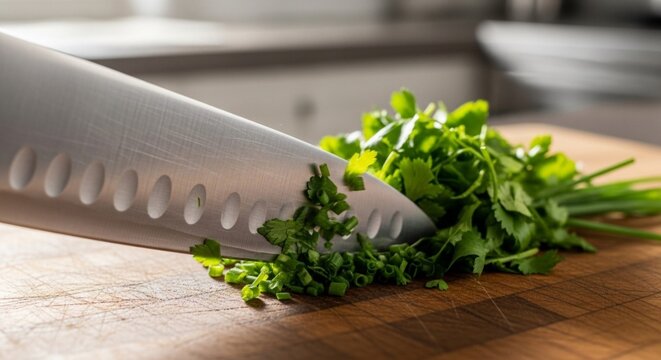 Close-up of a chef's knife chopping fresh cilantro on a wooden cutting board in a kitchen. - Powered by Adobe