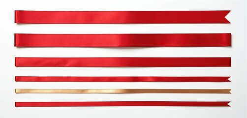 Red and gold ribbons lie on white surface. Various lengths show different design cuts on ends. Satin material glistens suggesting luxury gift wrapping for holidays.