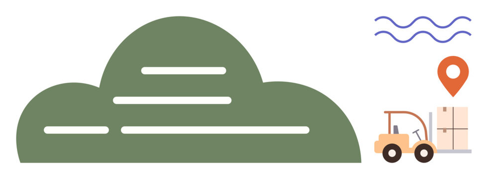 Green cloud shape linked with logistics and warehouse themes. Forklift moves boxes, location pin, and lines suggest data flow. Ideal for technology, logistics, storage, delivery, warehouse