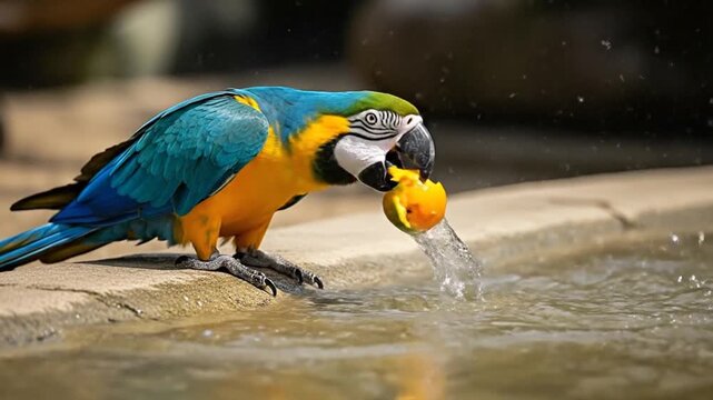 Blue and Gold Macaw Cleans Food in Water Sequentially,  a Delightful Parrot Bathing