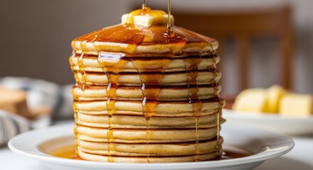 Tall stack of golden pancakes drizzled with sweet maple syrup and butter