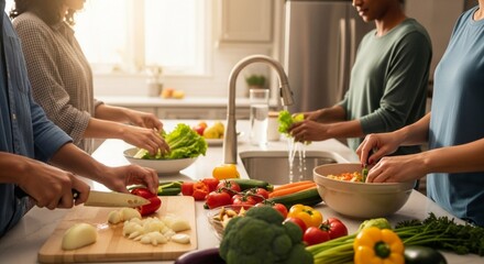 People preparing fresh vegetables in a bright kitchen, promoting healthy eating.