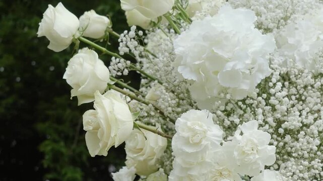 Beautiful white roses and eustoma flowers with petals and a romantic atmosphere. Outdoor wedding ceremony for the bride and groom. Decor and floristry.