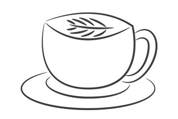Latte cup with leaf foam art in minimal black line, cozy cafe beverage illustration.