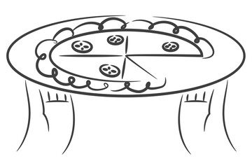 Serving a round pizza on a tray, clean outline illustration for restaurant and catering themes.