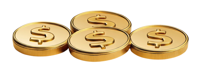 Set of glossy gold coins with dollar symbol, isolated on transparent cutout background