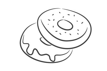 Two doughnuts in simple black line with glaze and sprinkles, playful bakery doodle style.