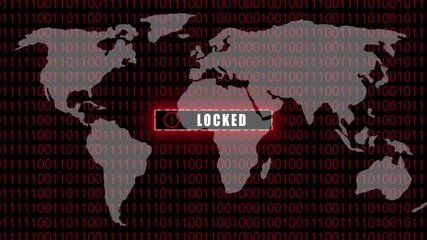 Locked message displayed on a world map with red binary code background security access