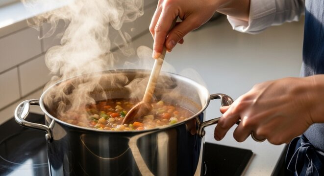 Person stirring a pot of soup on a stovetop with steam rising.
