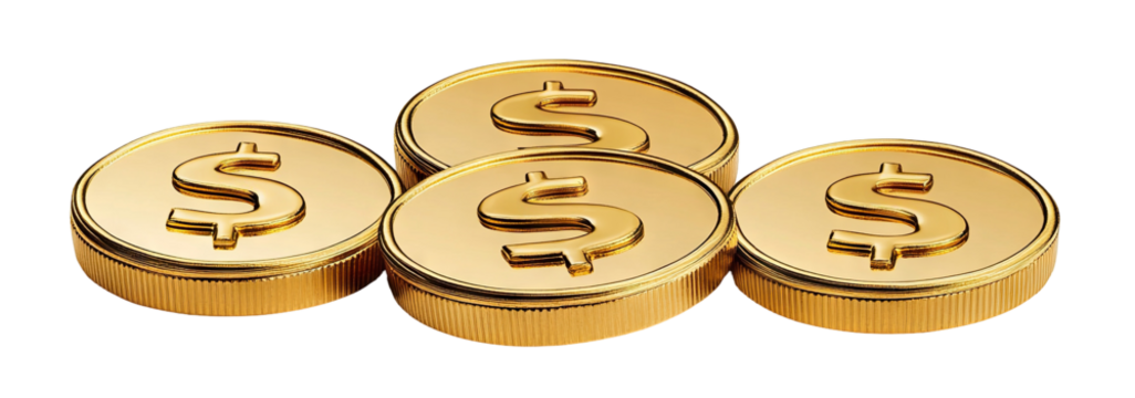 Set of glossy gold coins with dollar symbol, isolated on transparent cutout background