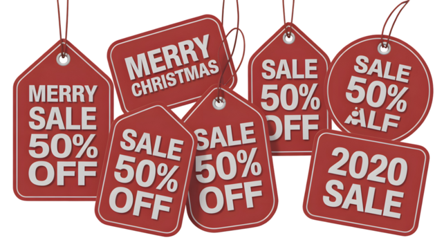 Celebrate a merry Christmas with a 50% off sale event for 2020 savings on a red sale tag isolated on white background