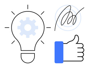 Innovation concept. Innovation by a lightbulb with a gear inside, a signature for authenticity, and a thumbs-up for approval. Great for creativity, teamwork, branding, business, and marketing