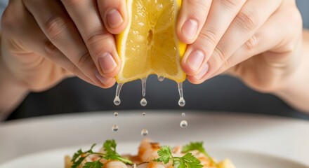Squeezing lemon juice over a dish with shrimp and herbs.