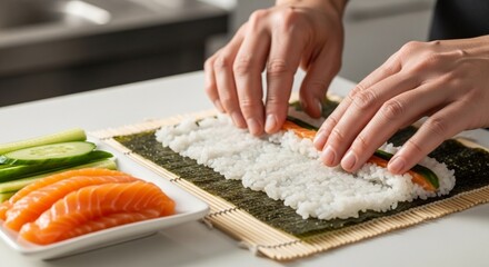 Hands rolling sushi with rice, salmon, and cucumber on a bamboo mat, showcasing the process of making sushi.