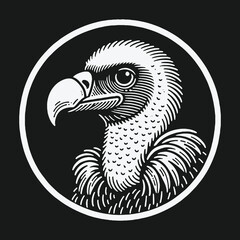 Fototapeta premium Monochrome vulture head portrait in a circular frame illustration.