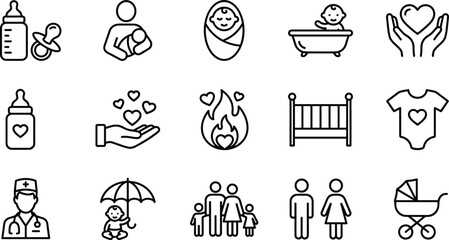 Baby Care Parenting Family Maternity Outline Icons Set, Including Infant, Newborn, Pacifier, Bottle, Stroller, Crib, Doctor, and Love Heart Symbols, Vector Graphics.