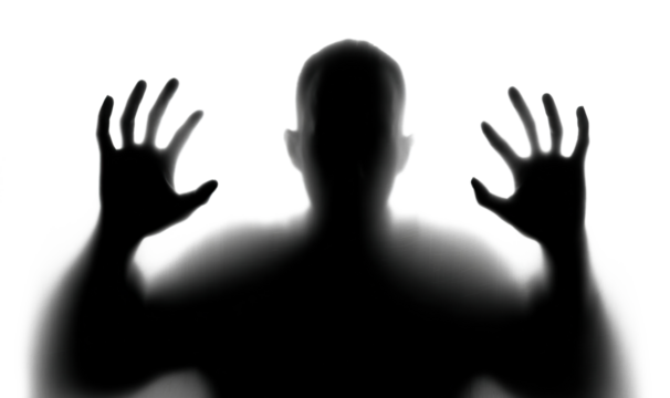 Scary silhouette of person with hands against surface, isolated on transparent cutout background