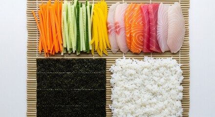Sushi ingredients laid out on a bamboo mat, ready for preparation.