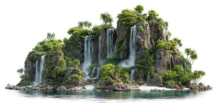 Fototapeta Tropical island with palm trees and cascading waterfalls, isolated on transparent cutout background