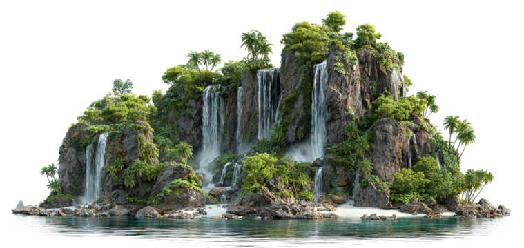 Tropical island with palm trees and cascading waterfalls, isolated on transparent cutout background
