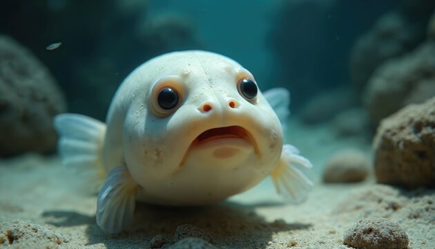 Blobfish swims in deep sea water. Sad, lonely fish on sandy ocean floor near rocks. Marine life creature in natural habitat, aquatic animal. Scenarios 1. Educational Content Science teachers, biology
