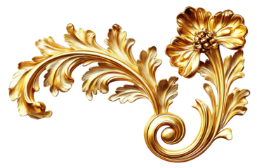Golden ornate floral decoration with leaves, isolated on transparent cutout background