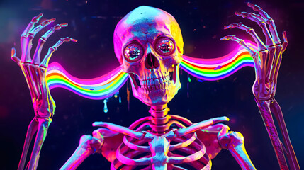 Disco. Skeleton. Vibrant colorful skeleton. Disco-ball eyes. Releasing liquid rainbow light. Neon. Glitter details. Dark backdrop. Surreal, fantasy, energetic. Posters, album covers, creative projects
