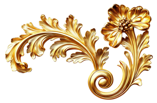 Golden ornate floral decoration with leaves, isolated on transparent cutout background
