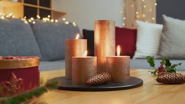 Christmas Home Decorations &ndash; Advent Arrangement With Three Lit Golden Candles