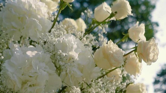 Beautiful white roses and eustoma flowers with petals and a romantic atmosphere. Outdoor wedding ceremony for the bride and groom. Decor and floristry.