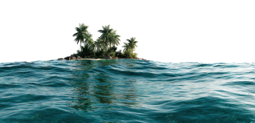 Small tropical island with palm trees in blue ocean, isolated on transparent cutout background