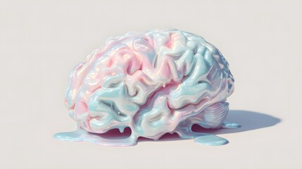 Melting Pastel Brain Sculpture on White Background.