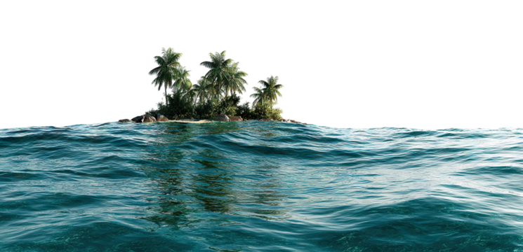 Small tropical island with palm trees in blue ocean, isolated on transparent cutout background