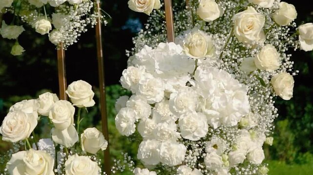 Beautiful white roses and eustoma flowers with petals and a romantic atmosphere. Outdoor wedding ceremony for the bride and groom. Decor and floristry.